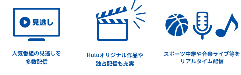 見逃し 人気番組の見逃しを多数配信 Huluオリジナル作品や独占配信も充実 スポーツ中継や音楽ライブ等をリアル配信