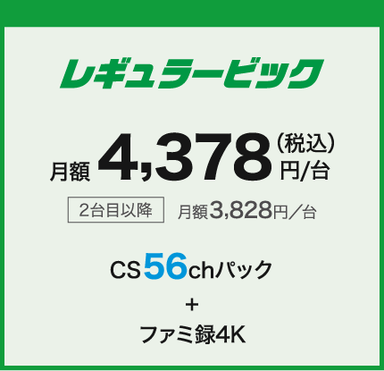 レギュラービック 月額4,378円/台(税込) 2台目以降月額3,828円/台 CS56chパック+ファミ録4K
