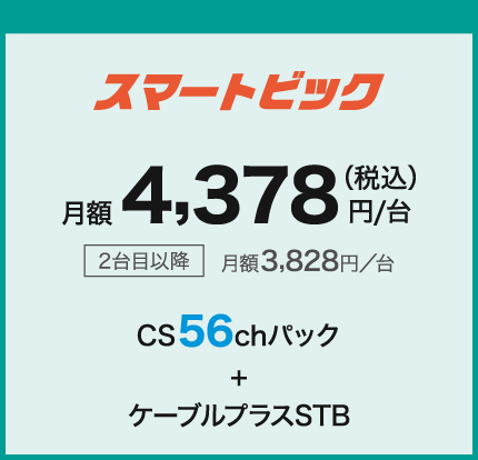 スマートビック 月額4,378円/台(税込) 2台目以降月額3,828円/台 CS56chパック+ケーブルプラスSTB